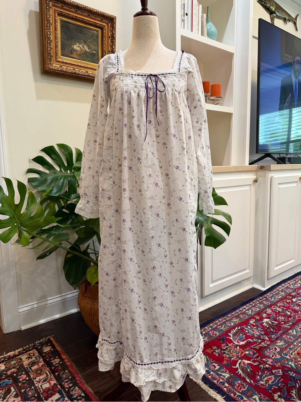 Martha Women’s Long Sleeve Cotton Floral Nightgown with Lace Trim